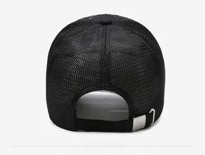 Rear view of black breathable mesh baseball cap with adjustable metal buckle strap