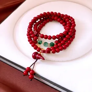 New Chinese cinnabar style red beaded wrap bracelet with gourd pendant in jewelry box