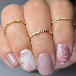 Unghie Press On Corte Quadrate Rotonde Rosa Motivo Pietra Marmo Glitter Luccicanti Unghie Finte Per Donne Ragazze Moda
