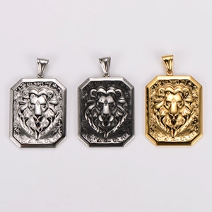 Hip hop lion head rectangle pendant necklace in gold, silver, and vintage metal finishes