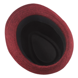 Detail view of burgundy linen fedora interior with sweatband and textured weave