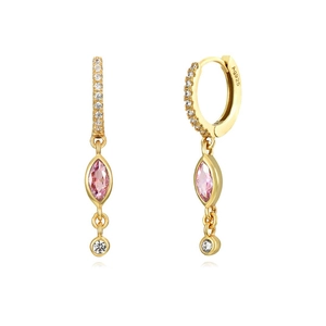 Detailed view of long S925 silver gold-plated earrings with pink marquise zircon stones