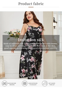 Detail of plus size floral silk satin nightdress with soft drape and glossy finish