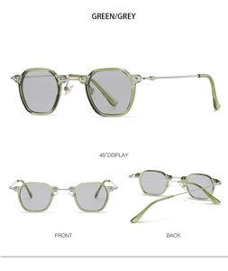 Three views of small frame green sunglasses with metallic silver temples and grey lenses