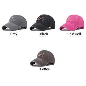 Vintage washed cotton baseball caps with Jesus embroidery in gray, black, pink, and brown