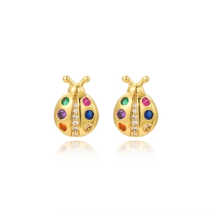 Close-up of gold plated ladybug earrings featuring colorful zircon stones and fine detail