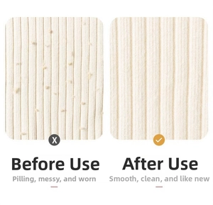 Detail view of fabric before and after using the manual pilling remover on knit material