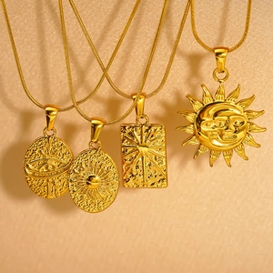 Vintage Tarot Sun Square Pendant Necklace Gold Plated 304 Stainless Steel Snake Chain Celestial Jewelry Bohemian For Women