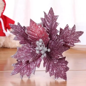 Künstliche Weihnachtsstern Blumen Stoff Mit Glitzer Silberbeeren Für Weihnachtsbaum Dekoration Haus Ornamente