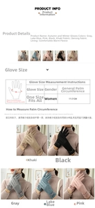 Detailed size chart for women winter gloves showing 17-21cm palm measurement guide