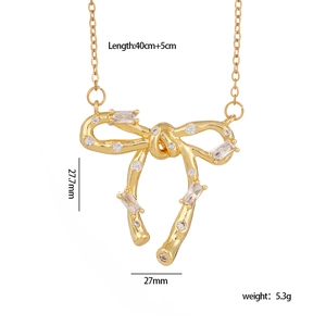 French vintage gold bow necklace with sparkling zircon pendant for elegant women fashion