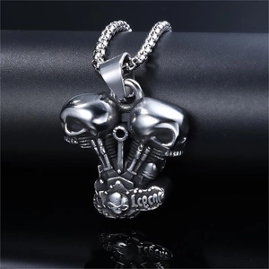 Double Skull V-Twin Engine Pendant Necklace Stainless Steel Retro Punk Gothic Rock Biker Jewelry For Men Legend Motif