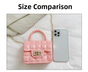 Pink quilted mini jelly bag size comparison with smartphone on white fabric background