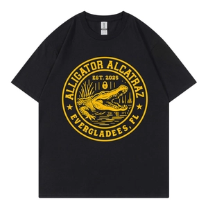 T-Shirt En Coton Pour Hommes Imprimé Alligator Alcatraz Rétro Américain Col Rond Manches Courtes Décontracté Mode