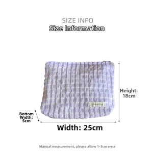 Detailed size guide for purple plaid cosmetic bag showing 25x18x5 cm dimensions
