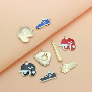 8-piece enamel baseball charm set featuring colorful helmets, gloves, and bat pendants