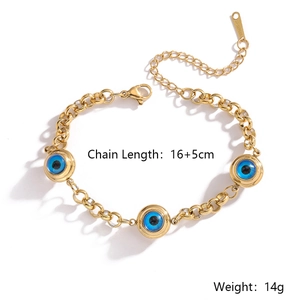 Detail of gold evil eye bracelet with 16+5cm chain length and 14g weight specs