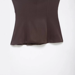 Women's dark brown elastic top with bow detail and fine texture, front view layout