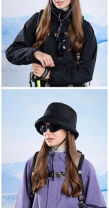 Detail of outdoor winter ear-protection bucket hat and windproof mountain gear set