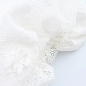 Elegant white mesh dress with 3D floral lace patterns and puff sleeves for women