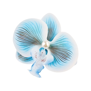 Blue orchid fabric hair clip with gradient petals and central pearl for women