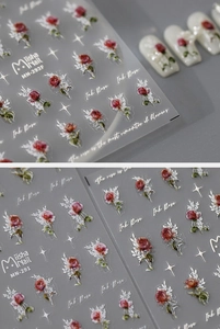 Detail of Ink Rose nail decals with vintage dark red flower patterns and white outlines