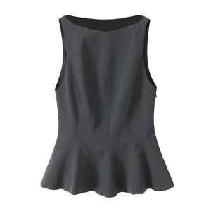 Slim fit dark grey sleeveless peplum top with boat neck for women fashion look