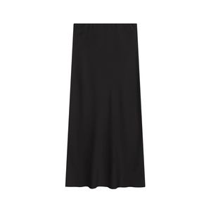 Detail of elegant black satin midi skirt showing smooth silk texture and straight cut