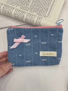 Portamonete in denim con fiocco rosa e ricamo, piccola borsa con zip in stile vintage