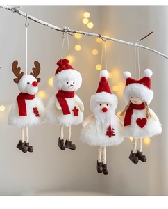 Set of four plush Christmas ornaments featuring Santa, snowman, reindeer, and girl figures