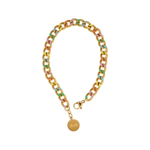 Rainbow lucky coin gold titanium steel chain bracelet with colorful enamel details