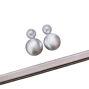 Minimalist silver double sphere pearl earrings with elegant brushed metal finish