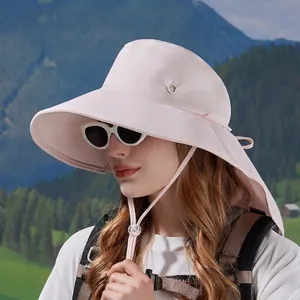 Pink wide brim sun hat with neck flap and ponytail hole for outdoor protection