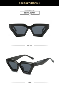 Front and side views of stylish black thick-frame cat-eye sunglasses with dark lenses