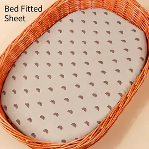 Detailed view of grey cotton fitted sheet with rainbow patterns for baby cradles