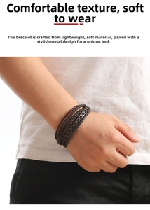 Dettaglio del bracciale in pelle intrecciata testa di moro e nero indossato al polso uomo