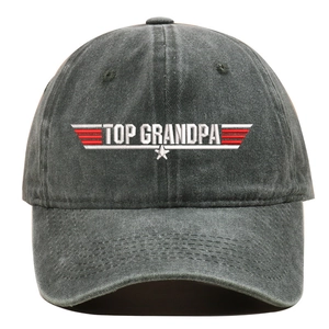 Dettaglio ricamo Top Grandpa su cappellino da baseball vintage in cotone grigio