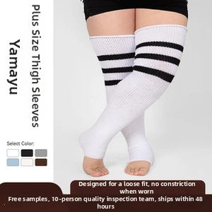 Detail of plus size over-the-knee knitted leg warmers with athletic stripe design