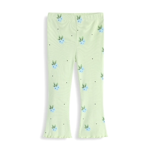 Legging évasé en maille côtelée vert menthe pour fille avec imprimé floral de baies