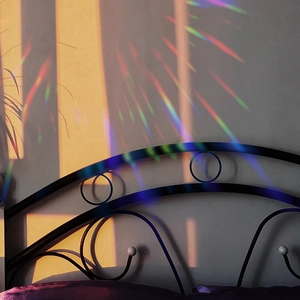 Rainbow effect window film with iridescent scales pattern projecting colorful light on walls