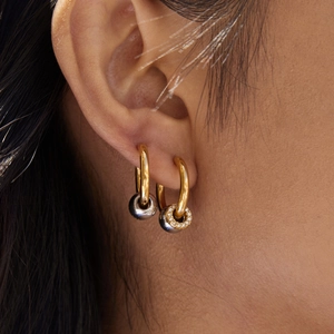 Elegant 18K gold-plated stainless steel hoop earrings with grey metal ball charms and rhinestones