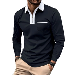 Navy blue long sleeve polo shirt with white contrast collar and zipper pocket detail