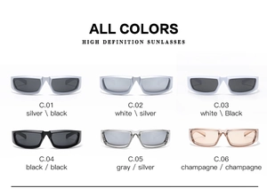 Matrix view of rectangular Y2K sports sunglasses in six assorted color combinations