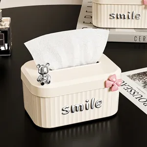 Cream Style ABS Plastic Tissue Box Desktop Napkin Holder With Silver Bear And Pink Bow Vertical Stripe Smile Design