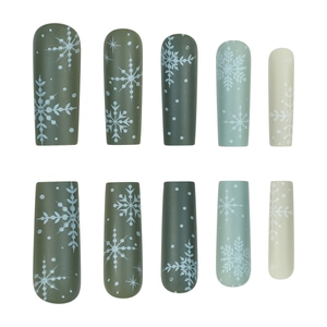 Christmas snowflake press-on nails set in gradient green and white matte trapezoid shape