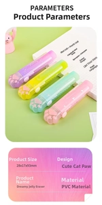 Cat paw retractable eraser detail showing the 28x17x93mm compact dimensions and PVC material