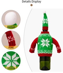 Detail display of green knitted Christmas bottle sweater with white snowflake patterns