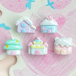 Five miniature resin cartoon castle houses in pastel colors for DIY craft decoration