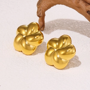 Minimalist gold plumeria flower stud earrings crafted from polished stainless steel