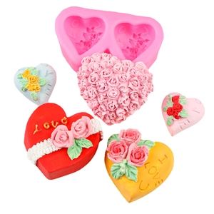 Pink heart silicone mold with rose patterns and LOVE text for DIY handmade soap crafts
